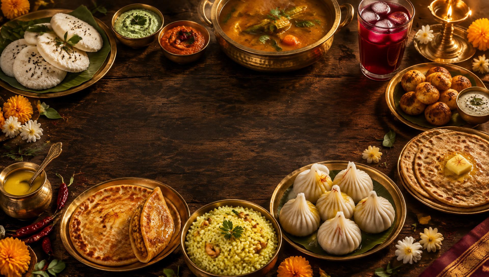 Festive spread with Modak, Puranpoli, Idly, Sambar and Kokam